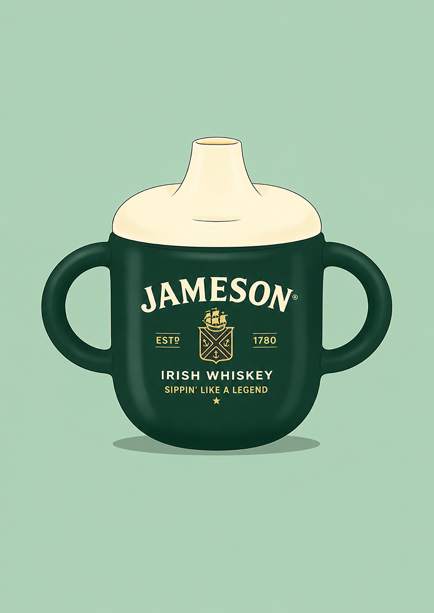 Minimalist digital illustration of a baby sippy cup featuring iconic Jameson Irish Whiskey branding on a green background
